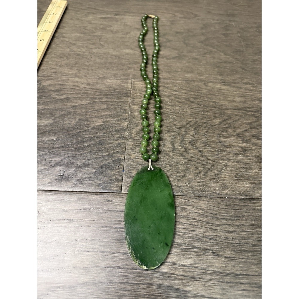 Vintage Jade Beaded Necklace Sterling Clasp With Large Pendant